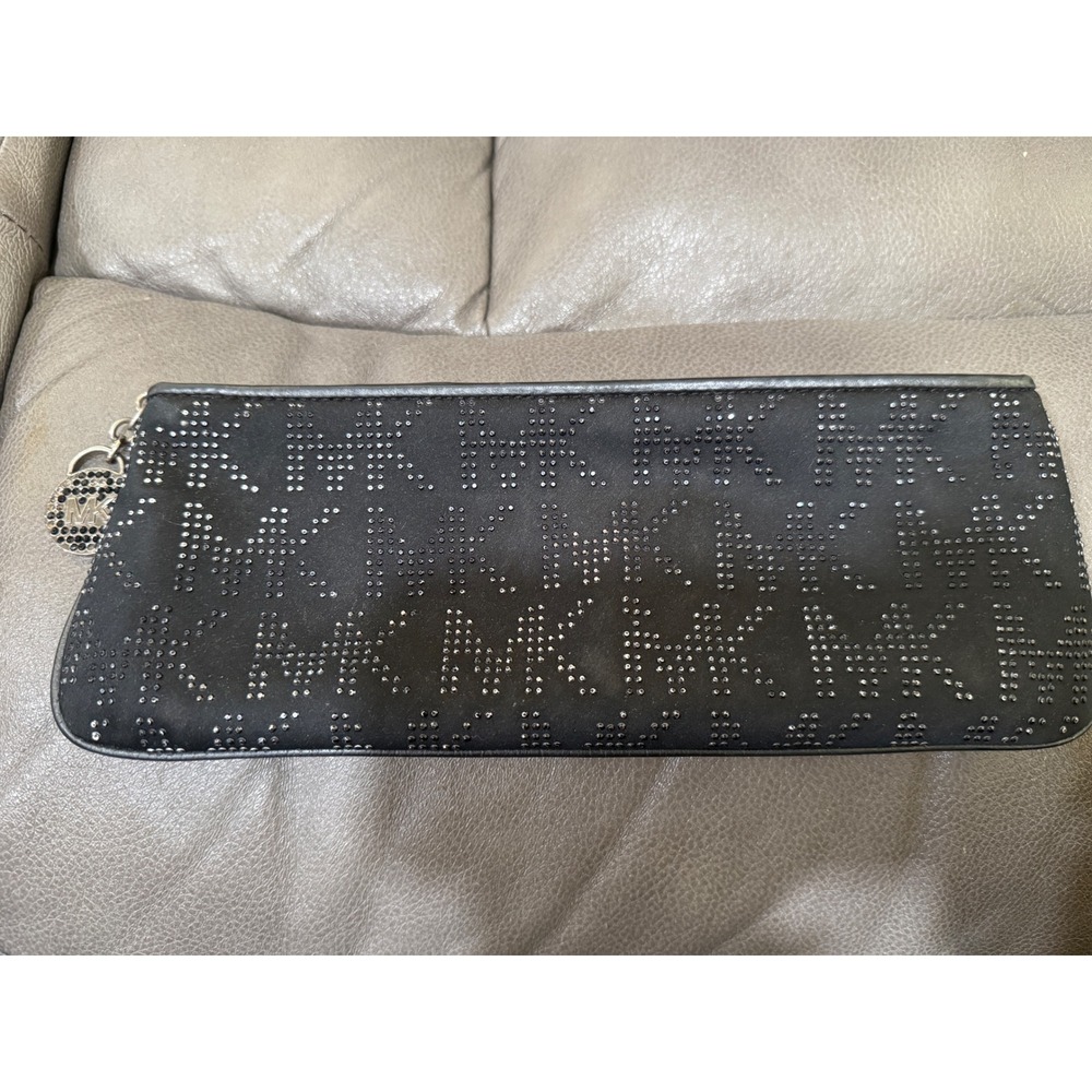 Michael Kors Blackโ Rhinestone MK Monogram Zip Clutch Pouch with Logo Charm